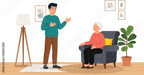 WebYoung Man Talking to Senior Woman Sitting in Armchair at Home Vector Illustration of Grandson Visiting Grandmother in Living Room