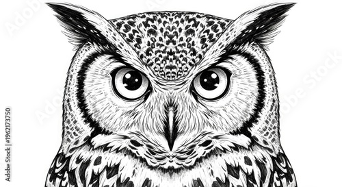 Detailed owl illustration close up view depicting feathers and eye details