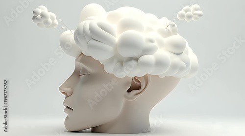 3D Minimal Human Head With Soft Clouds Inside Representing Calm Mind Mental Health Concept Clean Background Illustration
