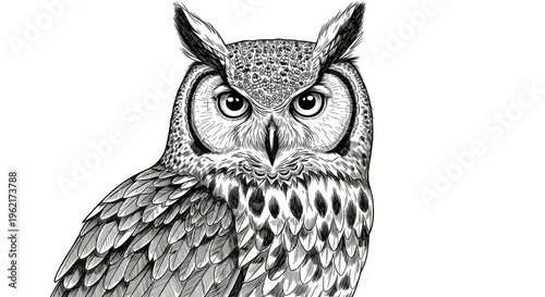 Detailed owl illustration in monochrome style on a clean white background
