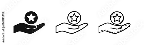 Star Reward Points Icon Set - Hand Offering Premium Benefits and Loyalty Tokens