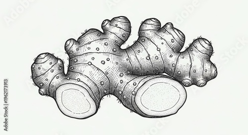 Detailed pen and ink illustration of a ginger root on white background