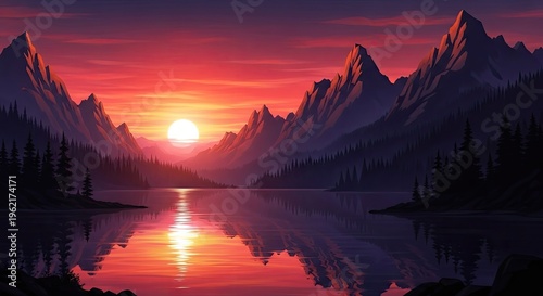 Dramatic sunset over mountain range reflected in calm lake water