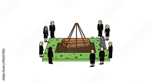 Ten pixel art figures in black are lowering a brown casket into an open grave with a tripod at a funeral.