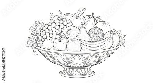 Elegant black and white illustration of assorted fruits in a decorative bowl