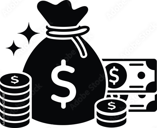 Money bag vector icon, cash coins and dollar banknotes finance wealth symbol design