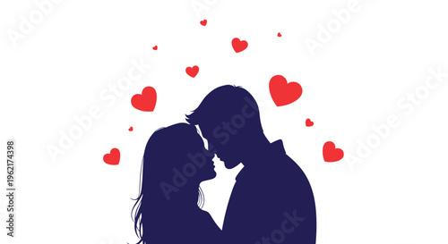 A silhouette of a man and a woman facing each other closely is surrounded by floating red hearts on a white background.