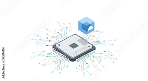 A grey computer chip with numerous pins is centrally positioned on a white background, surrounded by glowing blue and green circuit lines, with a translucent blue cloud cube hovering above.