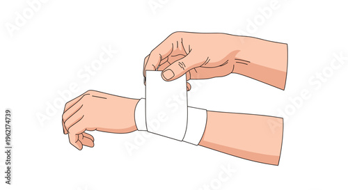A pair of light-skinned hands is meticulously wrapping a wide, plain white bandage around a wrist and lower forearm against a clean white background.