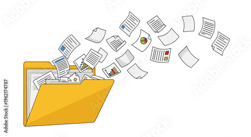 Many white paper documents with colorful bar graphs and pie charts are actively flying out of an open yellow folder on a plain white background.