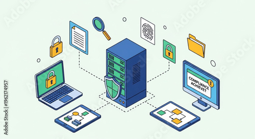 Network Security System with Server, Laptop, Tablet, and Desktop.