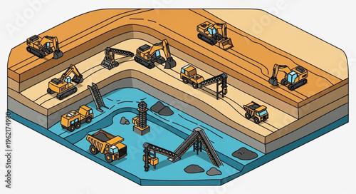 Open-Pit Mining Operation Illustration with Heavy Machinery and Water.