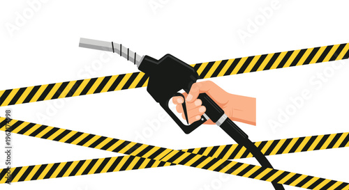 A human hand is holding a black fuel pump nozzle with multiple yellow and black striped tapes crisscrossing diagonally on a white background.