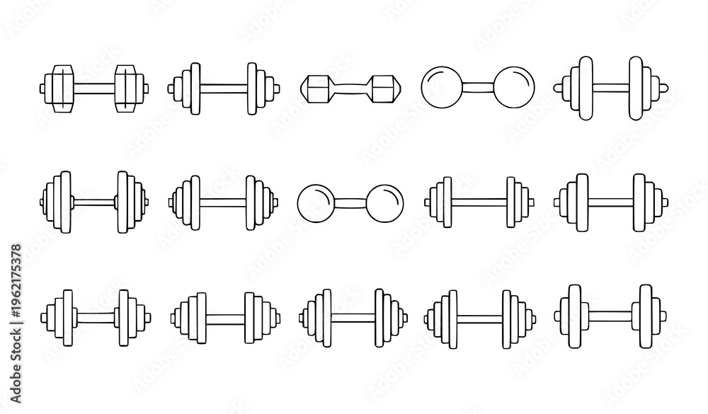 Obraz premium Minimal Dumbbell Line Icon Set Fitness Vector