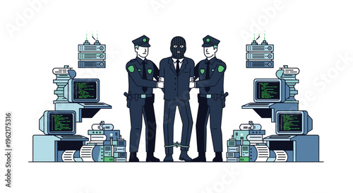 Two police officers are arresting a masked man surrounded by servers and computers on a white background.