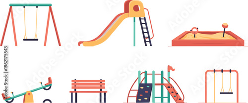 Playground equipment collection with swings slides sandbox seesaw climbing frame park flat cartoon illustration set