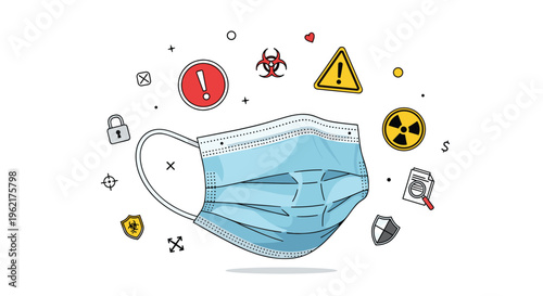 A light blue pleated surgical mask is centrally displayed, surrounded by various warning and security icons on a clean white background.