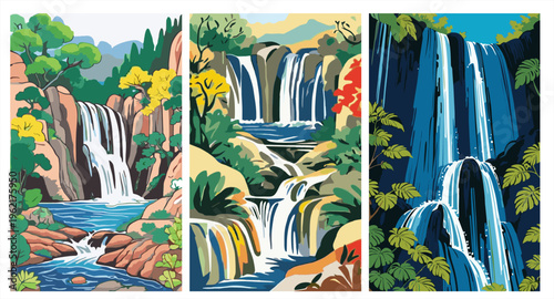 Waterfall landscape triptych vector illustration. Flat design with blue water, green trees, and scenic nature river stream.