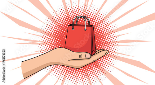 A stylized hand holds a red shopping bag against a pop art background with radiating lines and halftone dots.