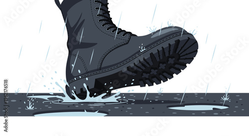 A black work boot splashes into a puddle on wet ground with raindrops falling around it.
