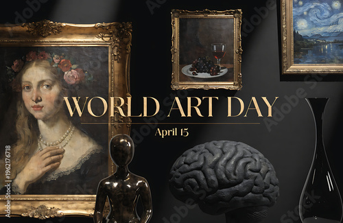 portrait of a young woman with a frame poster of  World Art Day.