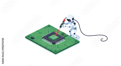 A small white bipedal robot is meticulously soldering a black microchip onto a large green isometric circuit board.