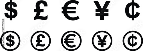 Currency symbols vector set, dollar euro pound yen cent icons collection finance design