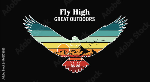 Vibrant Eagle with Sunset against Black Background, concept for outdoor travel, adventure logo and motivational posters.