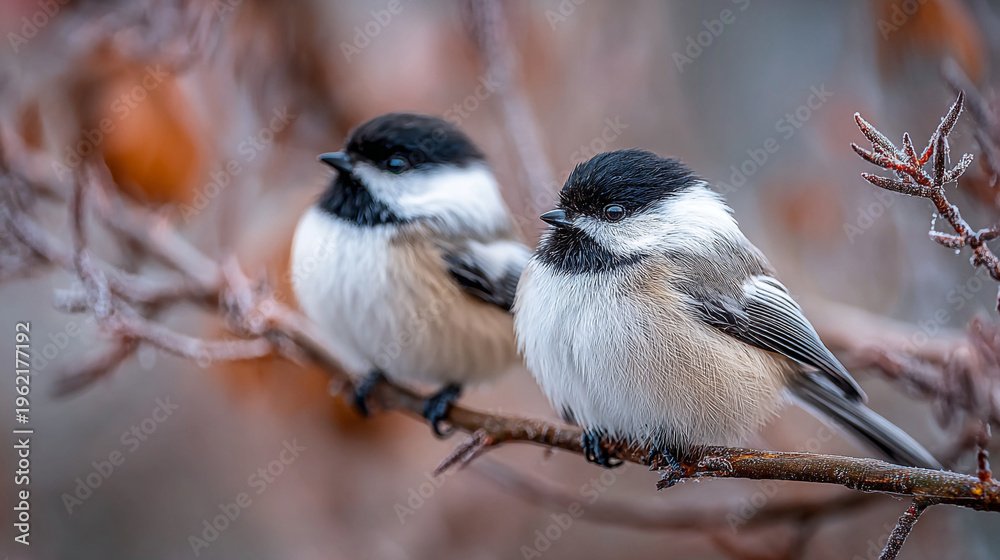 Obraz premium Two black-capped chickadees perched on a tree branch together