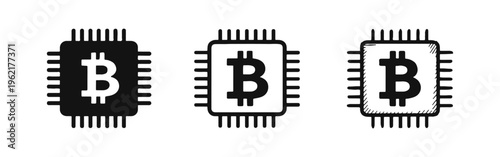Bitcoin Microchip Icon Set - Cryptocurrency Hardware and Digital Currency Symbol