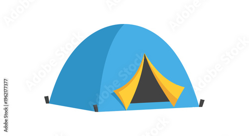 Stylized camping illustration featuring a blue dome tent with yellow entrance flaps