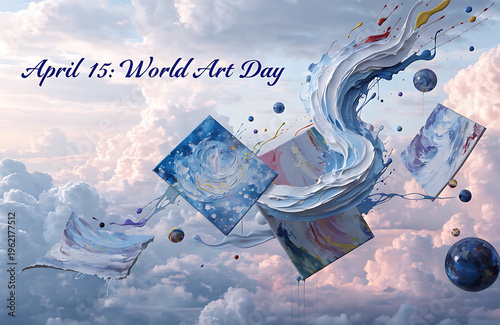 blue sky and clouds in art picture are flying  poster of  World Art Day.