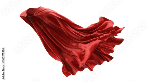 Flowing red silk superhero cape waving in the wind, shiny fabric texture. Isolated on transparent background, png