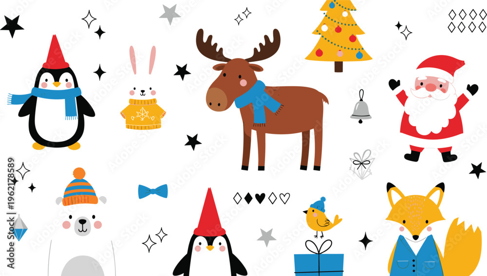 Fototapeta premium Christmas Woodland Animals in Winter Hats and Sweaters with Holiday Decor, Gifts, and Snowflakes