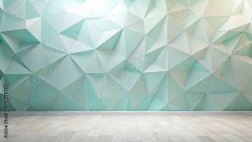 Abstract Mint Green Geometric Wall and Light Wood Floor Interior Design