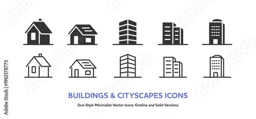 戸建,ビル,マンション,ホテルなどのシンプルなベクターアイコンセット。線画と塗り
