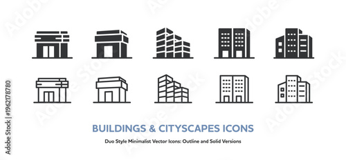コンビニ,店舗,ビル群など、街の建物のシンプルベクターアイコンセット