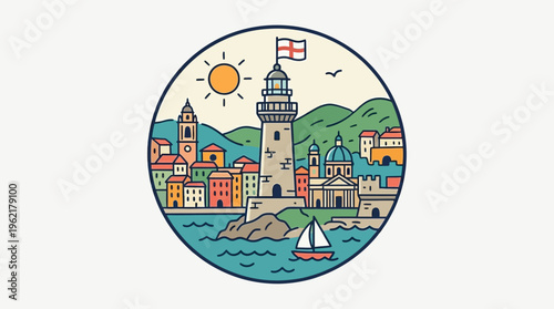 Coastal Town Scene in a Circular Badge