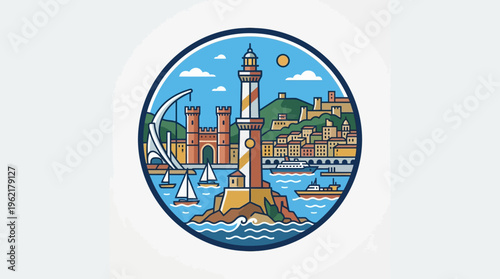Coastal City and Lighthouse Design in a Round Frame