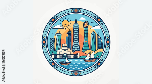 Doha Skyline Vector Art within Decorative Circle