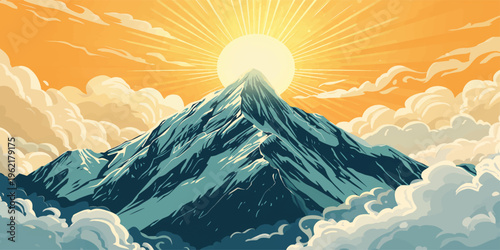 Snowy mountain peak at sunset with winter clouds over a high glacier landscape in the Kamchatka nature travel view