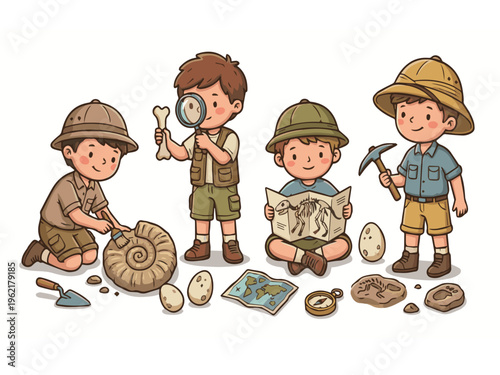 Cute Kids Archaeologist Exploring Fossils Dinosaur Bones Cartoon Illustration