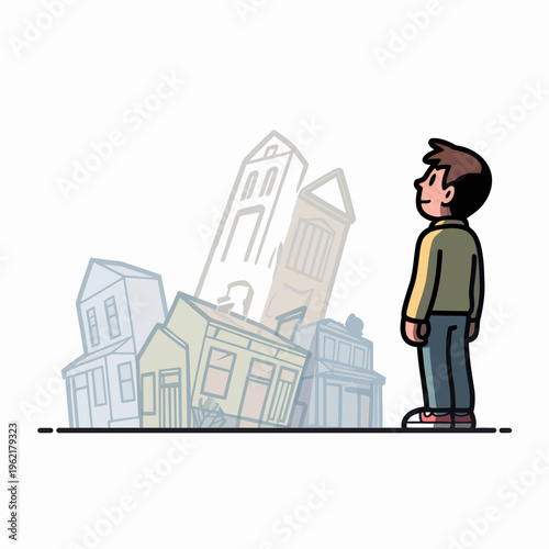 Boy Looking at Falling Buildings in City