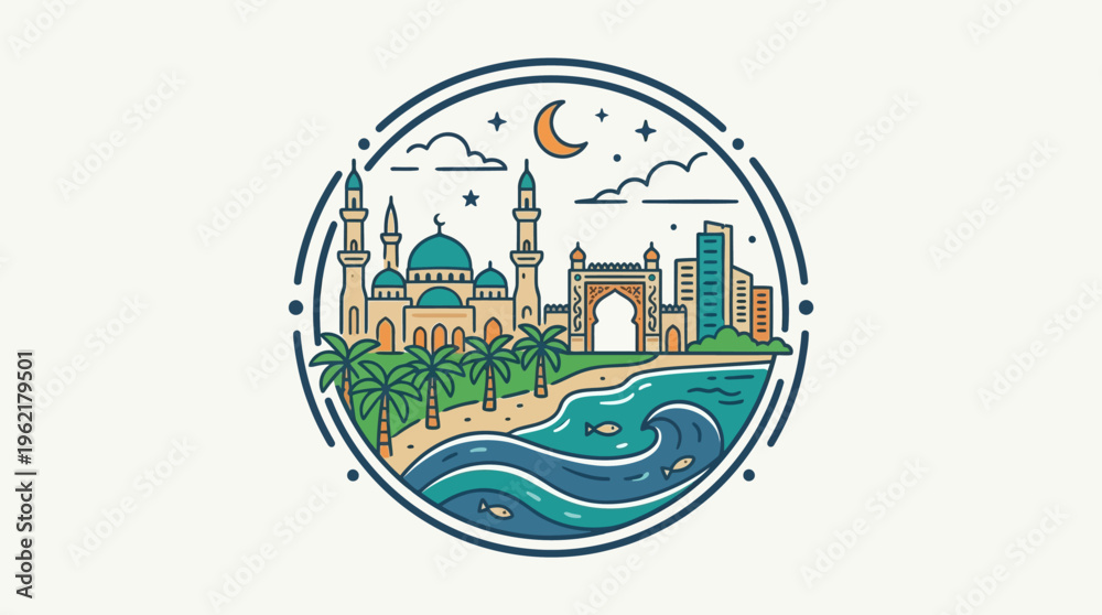 Naklejka premium Coastal Cityscape Cartoon Icon with Mosque