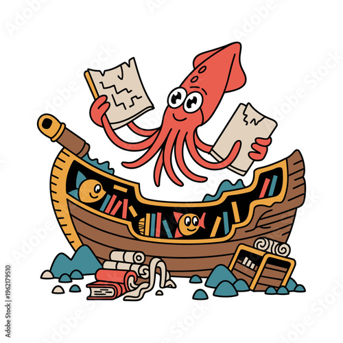 Red Squid Reading Papers in Sinking Wooden Boat on Ocean Floor