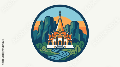 Thai Temple and Mountain Landscape Badge