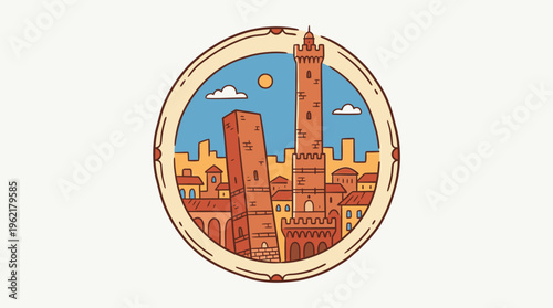 Bologna Italy Iconic Towers in Circular Frame