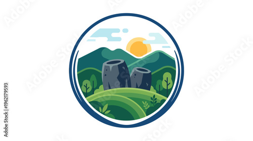 Stonehenge Inspired Landscape in a Circular Frame
