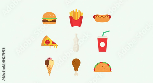 Assortment of Fast Food Icons on a White Background.