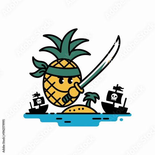 Pirate Pineapple Holding Sword on Tropical Island with Ships
